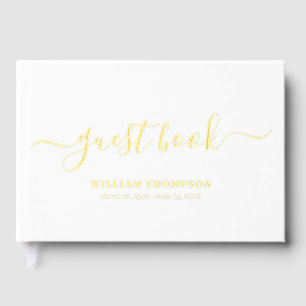 Memorial Funeral Elegant Script Gold White Guest Book
