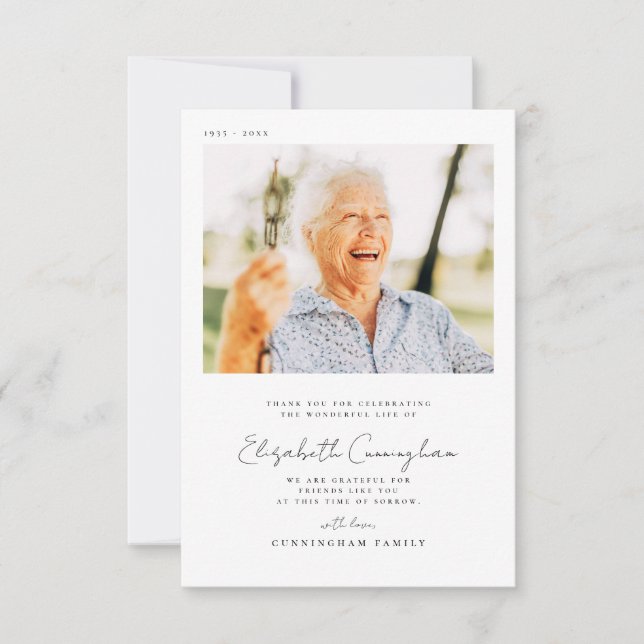 Memorial Funeral Elegant Simple Modern Chic Photo Thank You Card (Front)