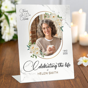 Memorial Funeral Floral Elegant Photo White Pedestal Sign