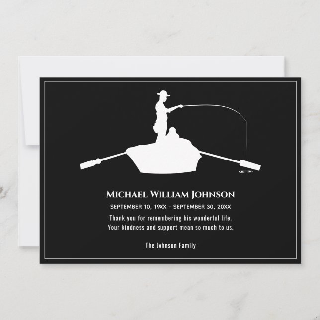 Memorial Funeral Forever Fishing Black And White Thank You Card (Front)