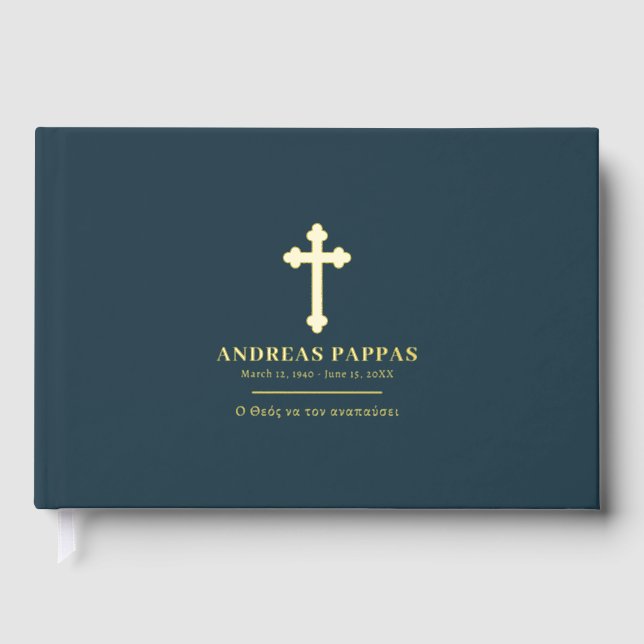 Memorial Funeral Greek Orthodox Navy Blue Gold Guest Book (Front)