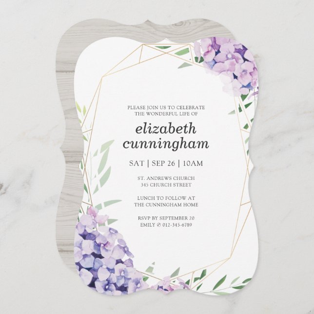 Memorial Funeral Hydrangea Lilac Floral Geometric Invitation (Front/Back)