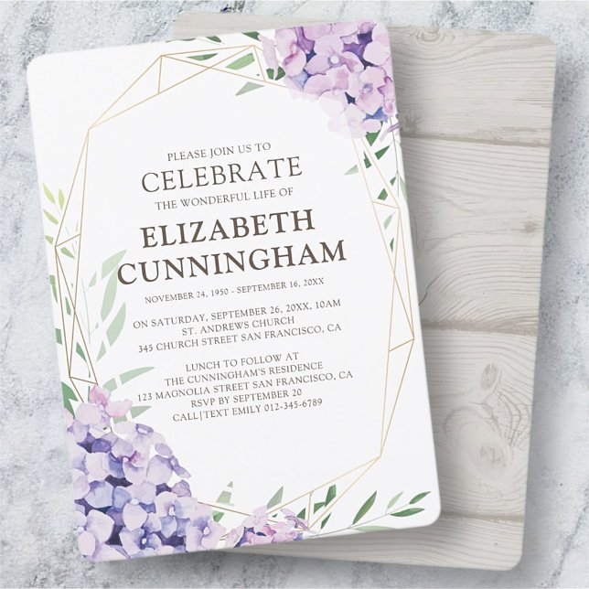 Memorial Funeral Hydrangea Lilac Floral Geometric Invitation (Creator Uploaded)