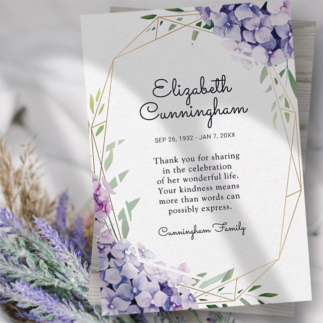 Memorial Funeral Hydrangea Lilac Flowers Geometric Thank You Card (Creator Uploaded)