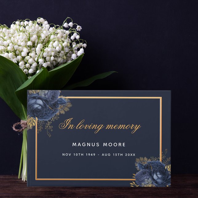 Memorial funeral in loving memory blue gold floral guest book (Creator Uploaded)