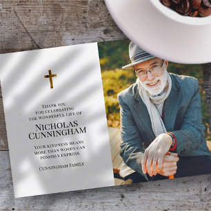 Memorial Funeral Modern and Simple Cross Photo Thank You Card