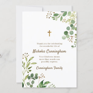 Memorial Funeral Modern Cross Foliage Botanicals Thank You Card