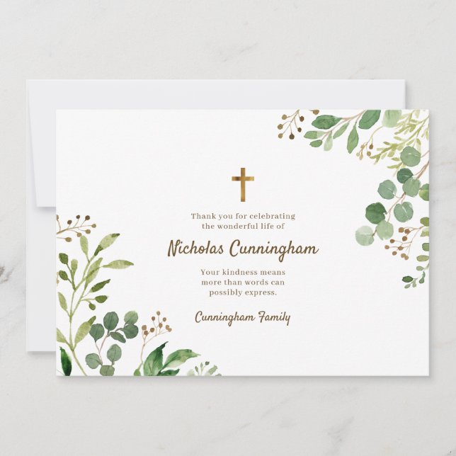 Memorial Funeral Modern Cross Foliage Botanicals Thank You Card (Front)