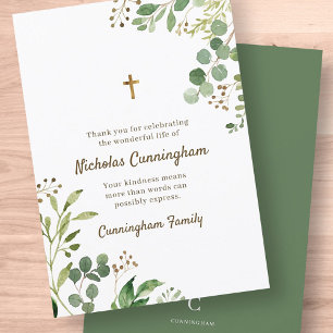 Memorial Funeral Modern Cross Foliage Botanicals Thank You Card