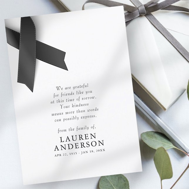 Memorial Funeral Modern Simple Chic Black Ribbon Thank You Card (Creator Uploaded)