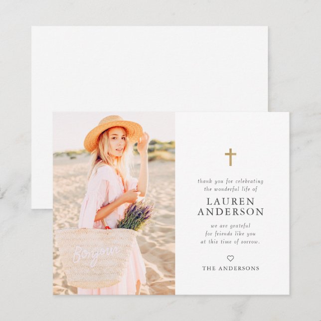 Memorial Funeral Modern Simple Chic Gold Cross Thank You Card (Front/Back)