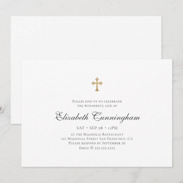 Memorial Funeral Modern Simple Faux Gold Cross Invitation (Front/Back)