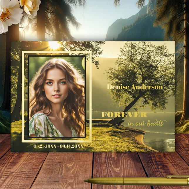 Memorial Funeral Nature Photo Real Foil  Guest Book (Memorial guest book featuring a custom photo framed by real gold foil on a green nature and trees)