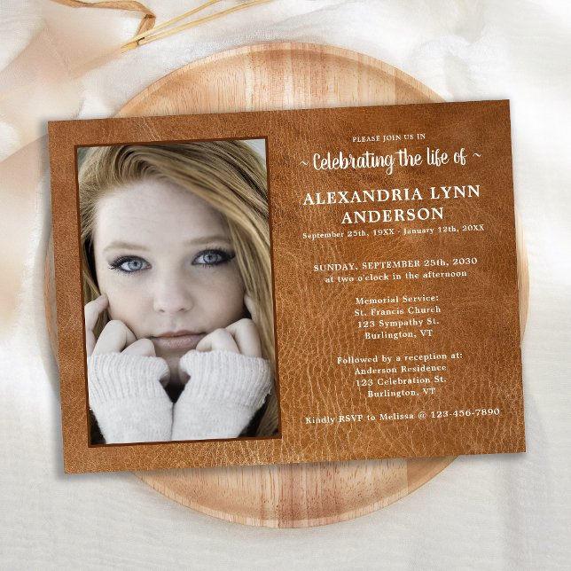 Memorial Funeral Photo Leather Celebration Of Life Invitation Postcard (Creator Uploaded)