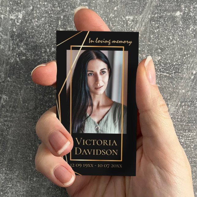 Memorial Funeral Photo Prayer Golden Elegant Frame Business Card (Perfect funeral decor)