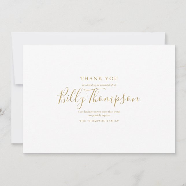 Memorial Funeral Photo Simple Elegant Gold Script  Thank You Card (Front)