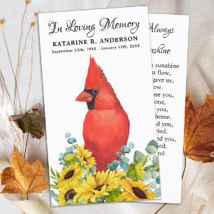 Memorial Funeral Prayer Card Cardinal Sunflowers