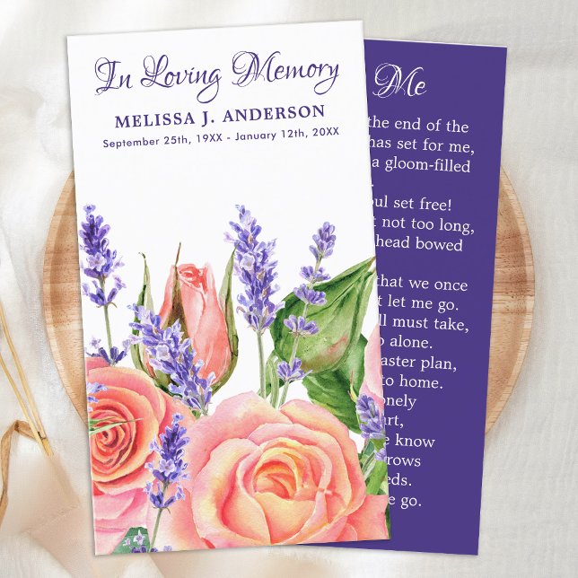 Memorial Funeral Prayer Card Lavender Peach Roses (Creator Uploaded)