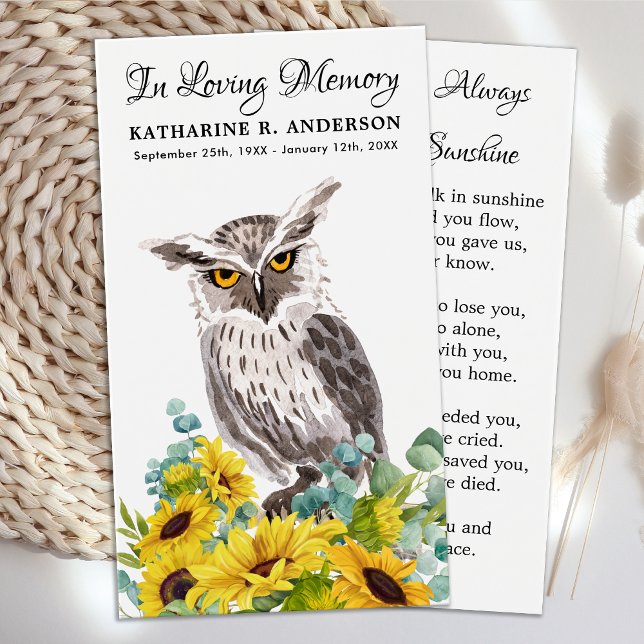 Memorial Funeral Prayer Card Owl Bird Sunflowers  (Creator Uploaded)