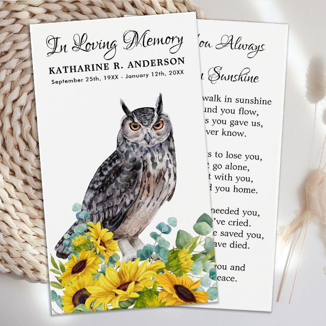 Memorial Funeral Prayer Card Owl Sunflowers (Creator Uploaded)