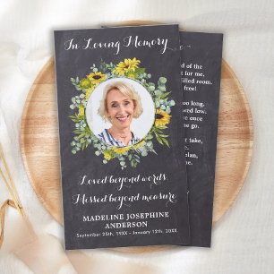 Memorial Funeral Prayer Card Sunflower Eucalyptus
