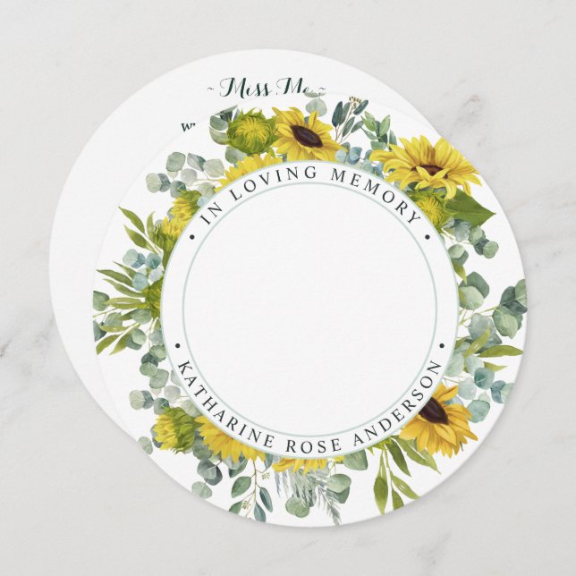 Memorial Funeral Prayer Card Sunflower Eucalyptus  (Front/Back)