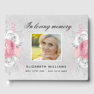 Memorial funeral silver pink florals photo guest book