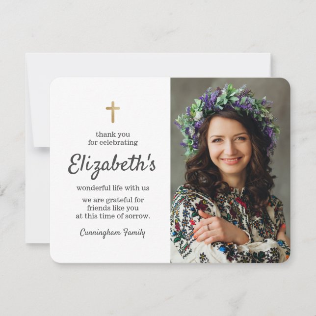 Memorial Funeral Simple Gold Cross Photo Thank You Card (Front)
