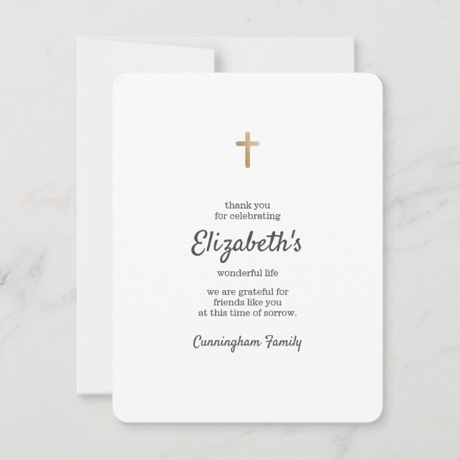 Memorial Funeral Simple Gold Cross Thank You Card (Front)