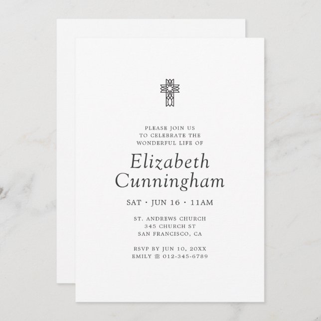 Memorial Funeral Simple Minimalist Ornate Cross Invitation (Front/Back)