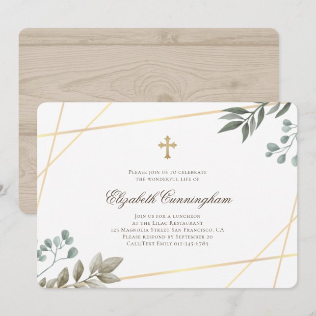 Memorial Funeral Watercolor Foliage Geometric Invitation (Front/Back)
