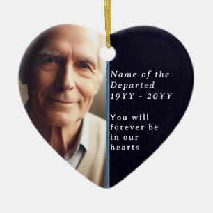 Memorial Heart Photo, Psalm 23 Black, White Blue Ceramic Ornament