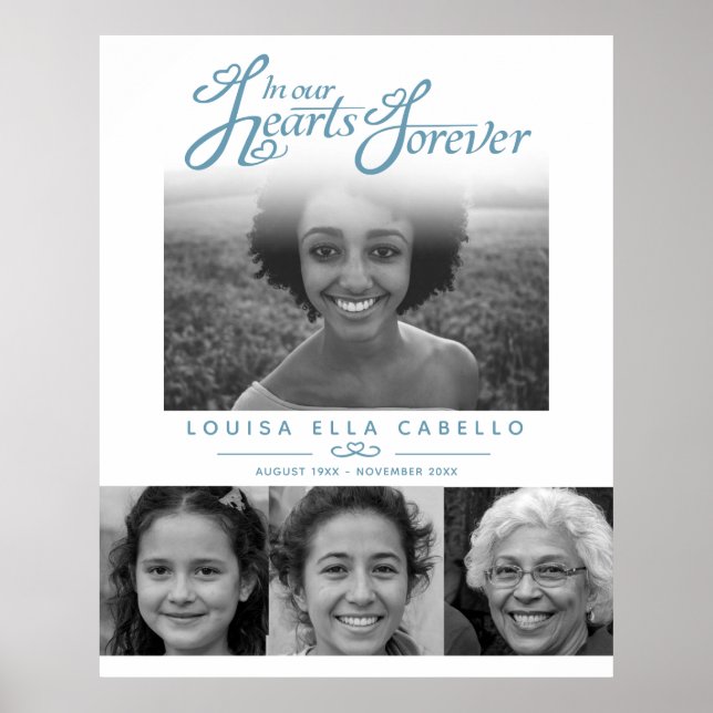 Memorial in hearts photos funeral gray blue white poster (Front)