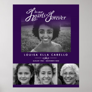 Memorial in hearts photos funeral purple white poster