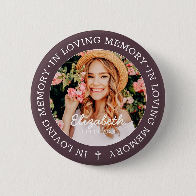 Memorial In Loving Memory Modern Cross Photo 6 Cm Round Badge (Front)