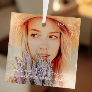 Memorial In Loving Memory Modern Heart Photo Glass Tree Decoration