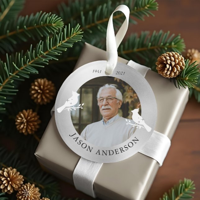 Memorial Keepsake Cardinal Bird Faux Silver Photo Ornament (Memorial Keepsake Cardinal Bird Faux Silver Photo Ornament)
