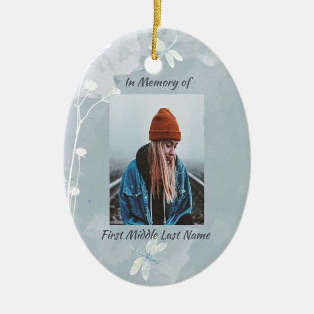 Memorial Keepsake Dragonfly White Flower Ceramic Ornament (Front)