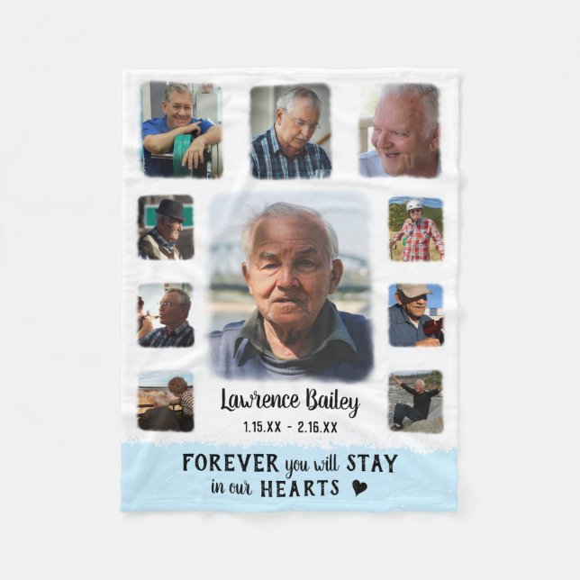 Memorial Keepsake Edge Fade Photo Collage Blue Fleece Blanket (Front)