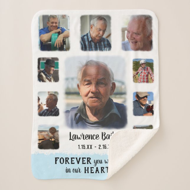 Memorial Keepsake Edge Fade Photo Collage Blue Sherpa Blanket (Front)