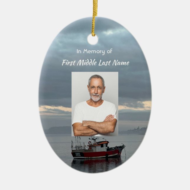 Memorial Keepsake  Fishing Boat Fisherman Ceramic Ornament (Front)