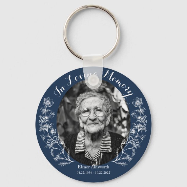 Memorial Keepsake Floral Custom Photo Blue Key Ring (Front)