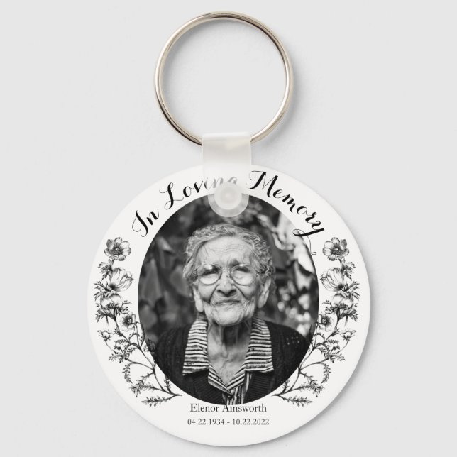 Memorial Keepsake Floral Custom Photo White Key Ring (Front)