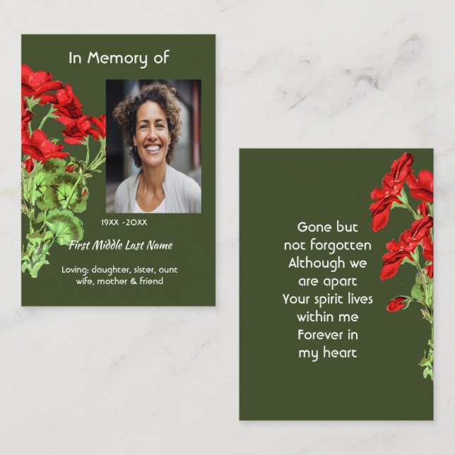 Memorial Keepsake Geranium Flower Business Card (Front/Back)