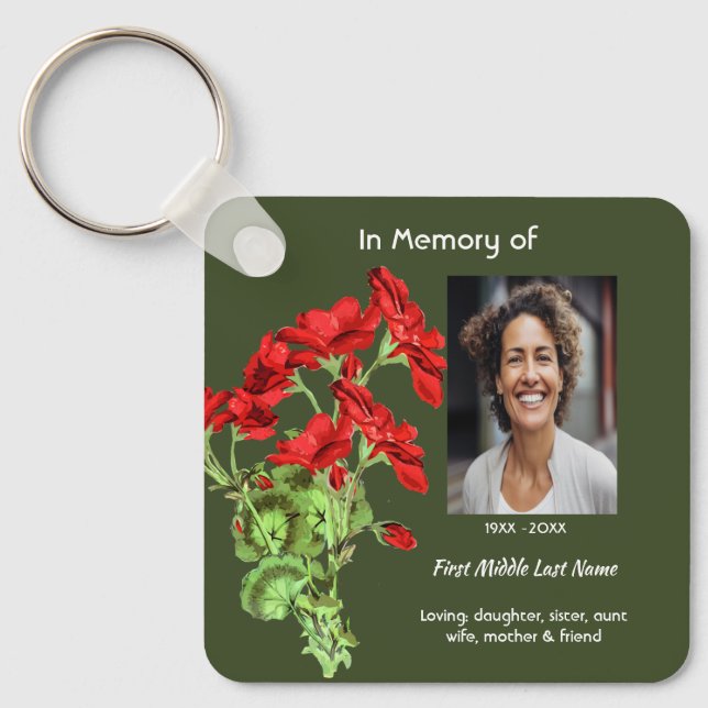 Memorial Keepsake Geranium Flower Key Ring (Front)