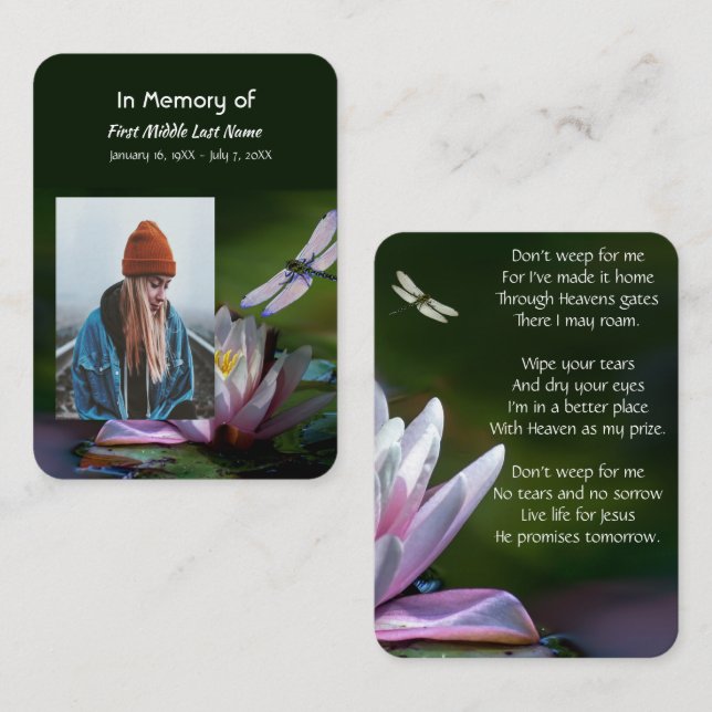 Memorial Keepsake Memorial Dragonfly Lotus Flower Business Card (Front/Back)