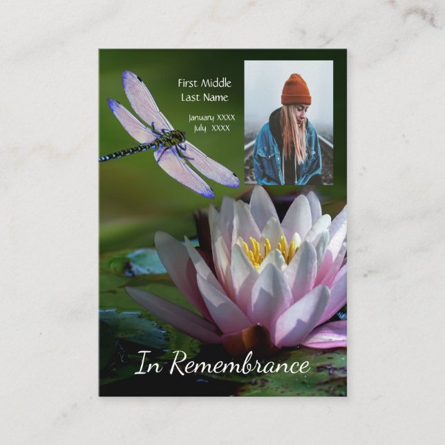 Memorial Keepsake Memorial Dragonfly Lotus Flower Business Card (Front)