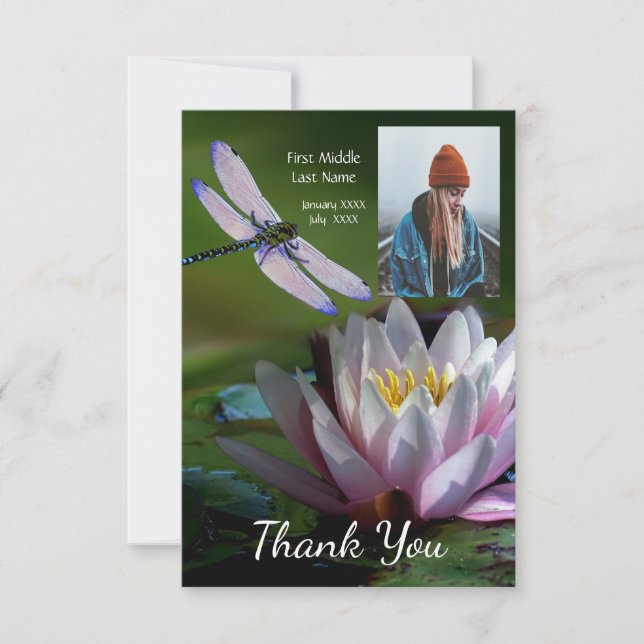 Memorial Keepsake Memorial Dragonfly Lotus Flower  Thank You Card (Front)