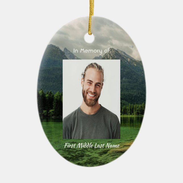 Memorial Keepsake Mountain Lake Landscape  Ceramic Ornament (Front)