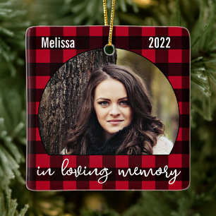 Memorial Keepsake Red Plaid Loving Memory Photo  Ceramic Ornament